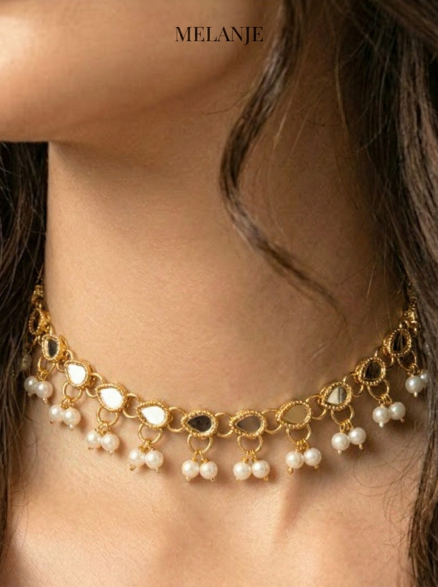 Golden Choker Necklace with Pearls & Glass Work