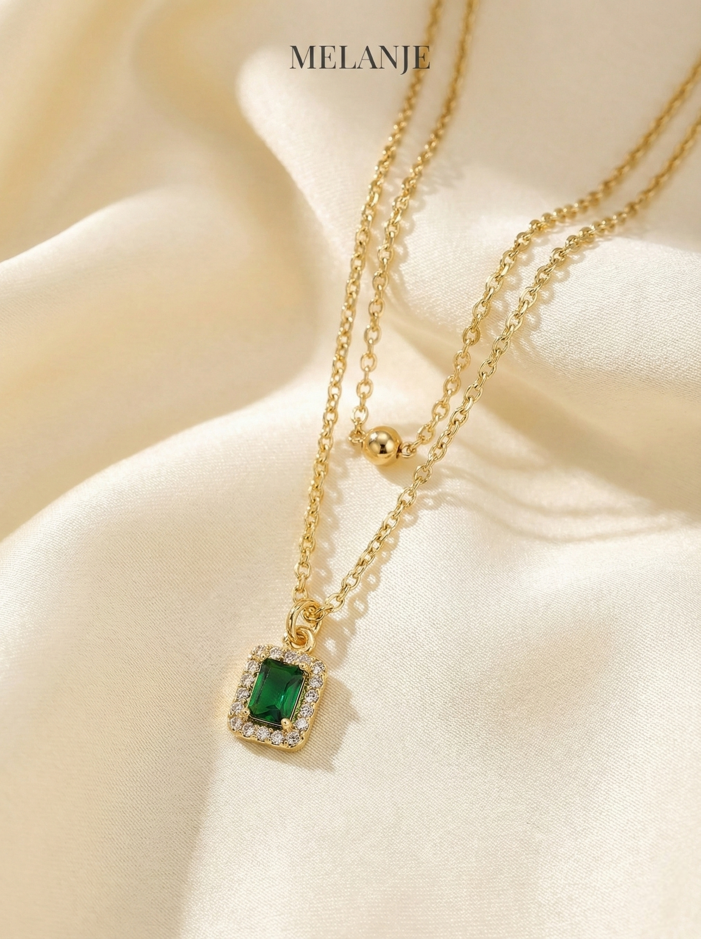 Dual-Layer Stainless Steel Two-Piece Pendant Necklace with Emerald Accent