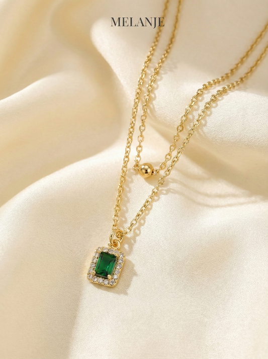 Dual-Layer Stainless Steel Two-Piece Pendant Necklace with Emerald Accent