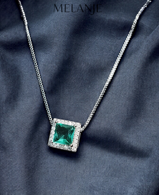 Teal Square Crystal White Cubic Zirconia Sterling Silver Pendant Necklace