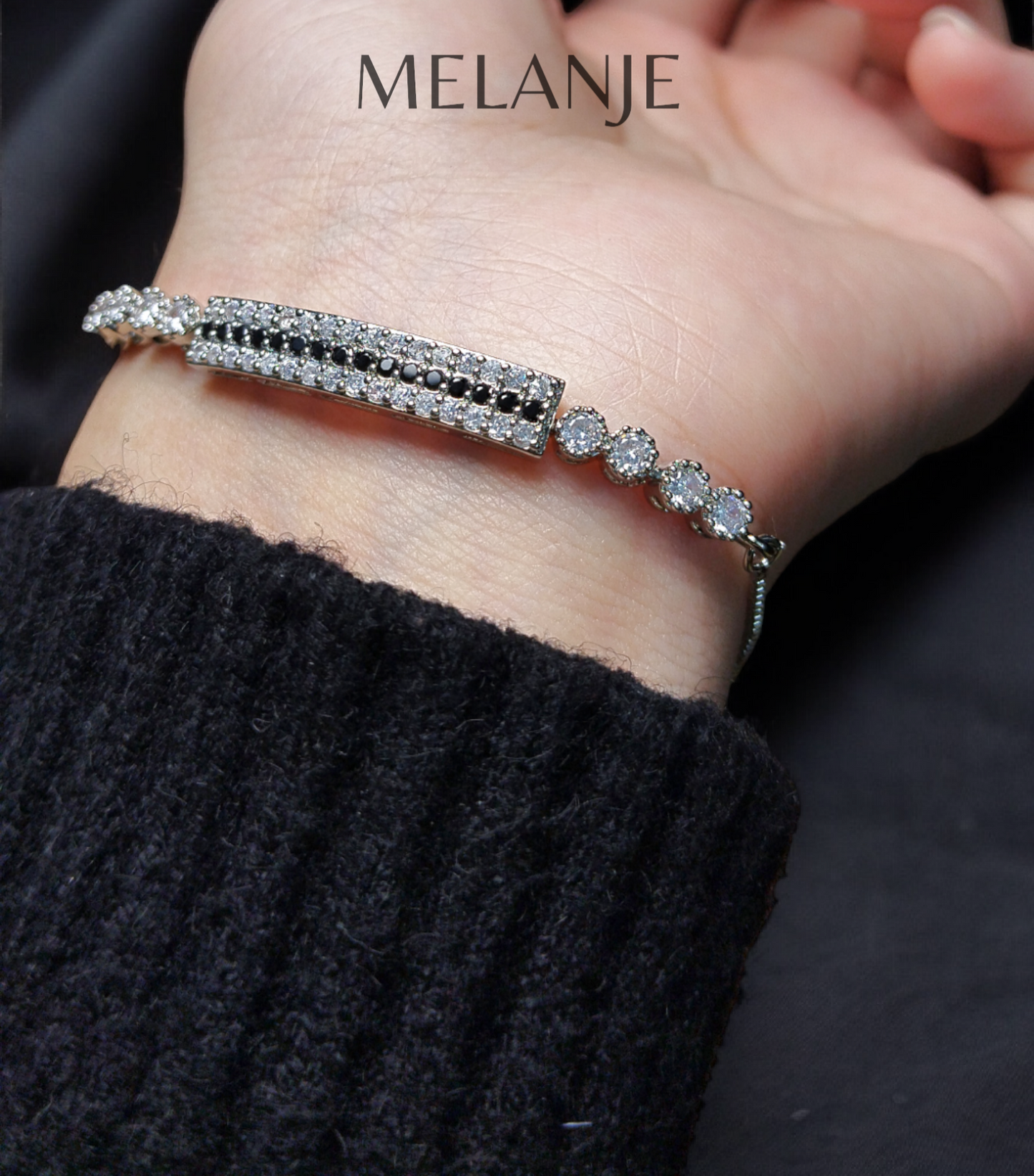 Sterling Silver Stainless Steel Triple Row Design Clear & Black Cubic Zirconia Adjustable Bracelet