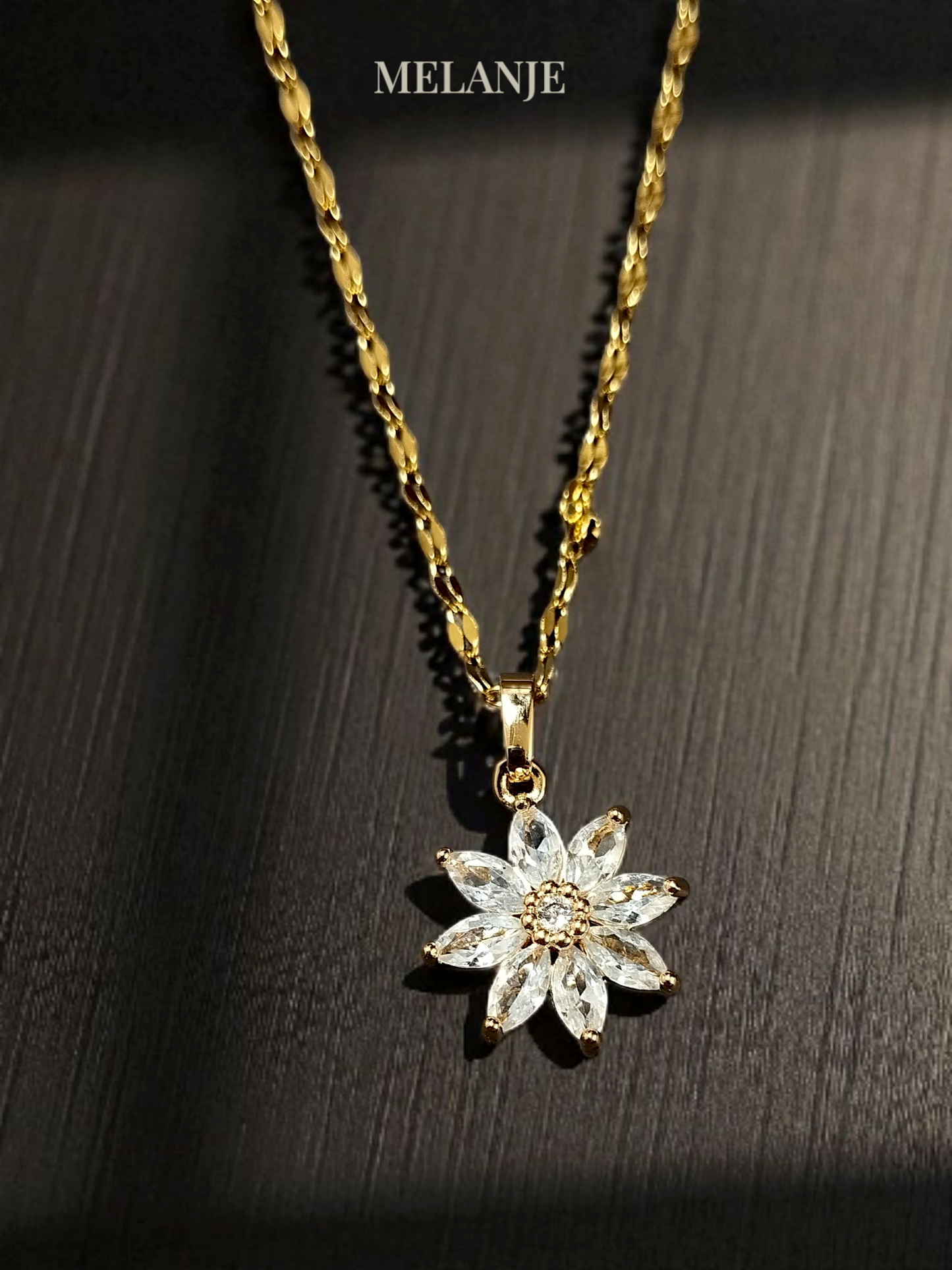 Clear Cubic Zirconia Stainless Steel Minimal Daisy Gold Pendant Necklace