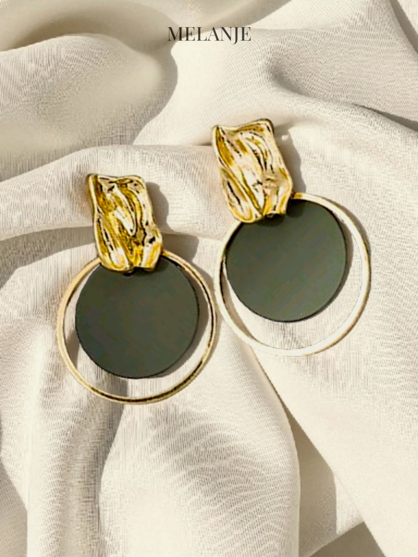 Geometric Double-Ring Green Drop Earrings