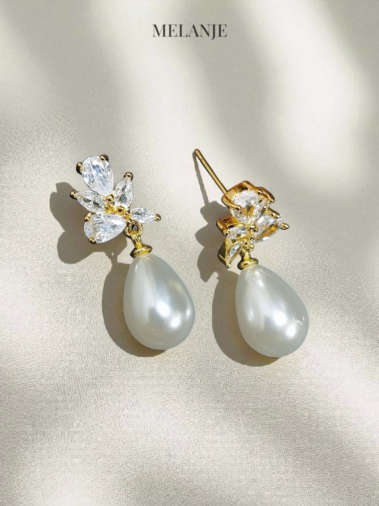 Floral Cubic Zirconia Drop Pearl Gold Earrings