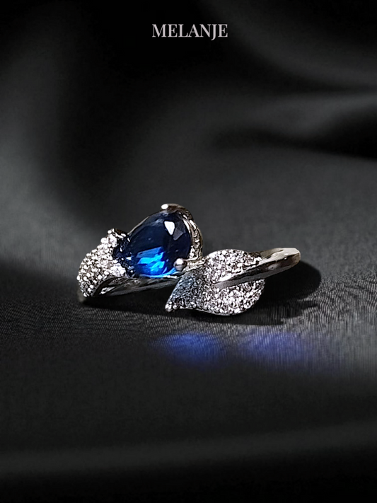 Sapphire Blue Pear-Shaped Crystal Leaf Ring