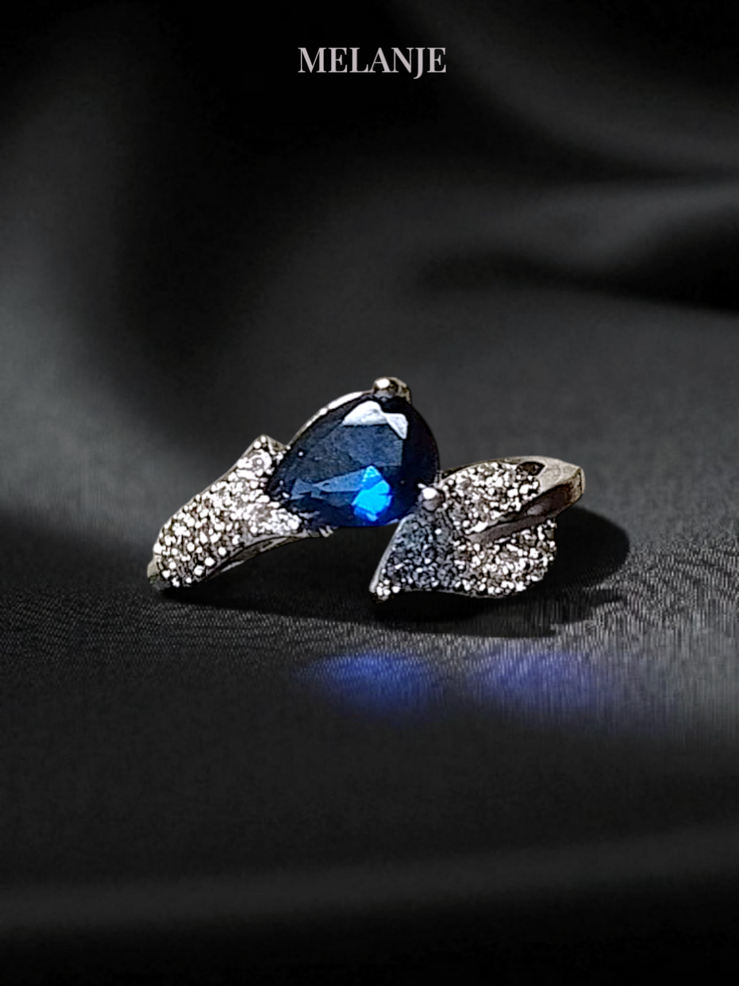 Sapphire Blue Pear-Shaped Crystal Leaf Ring