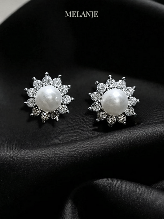 Sunflower Pearl Silver Stud Earrings