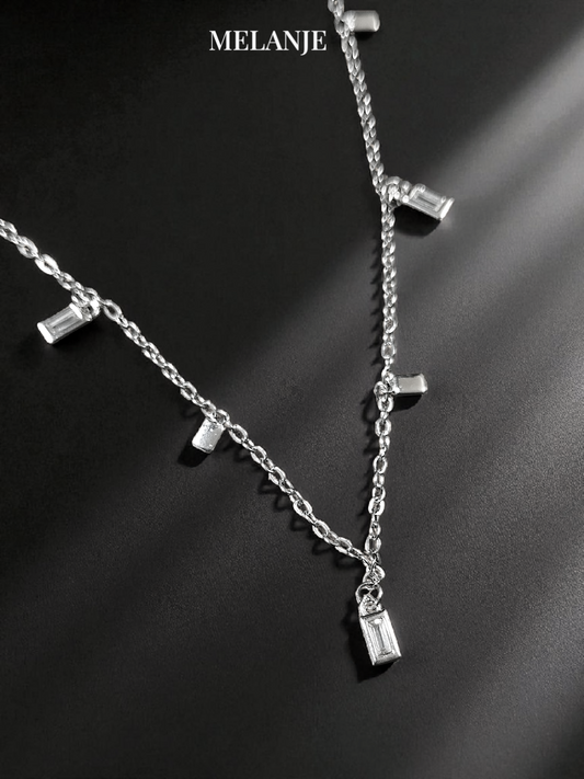 Sterling Silver Minimal Rectangular Charms Stainless Steel Dainty Station Necklace