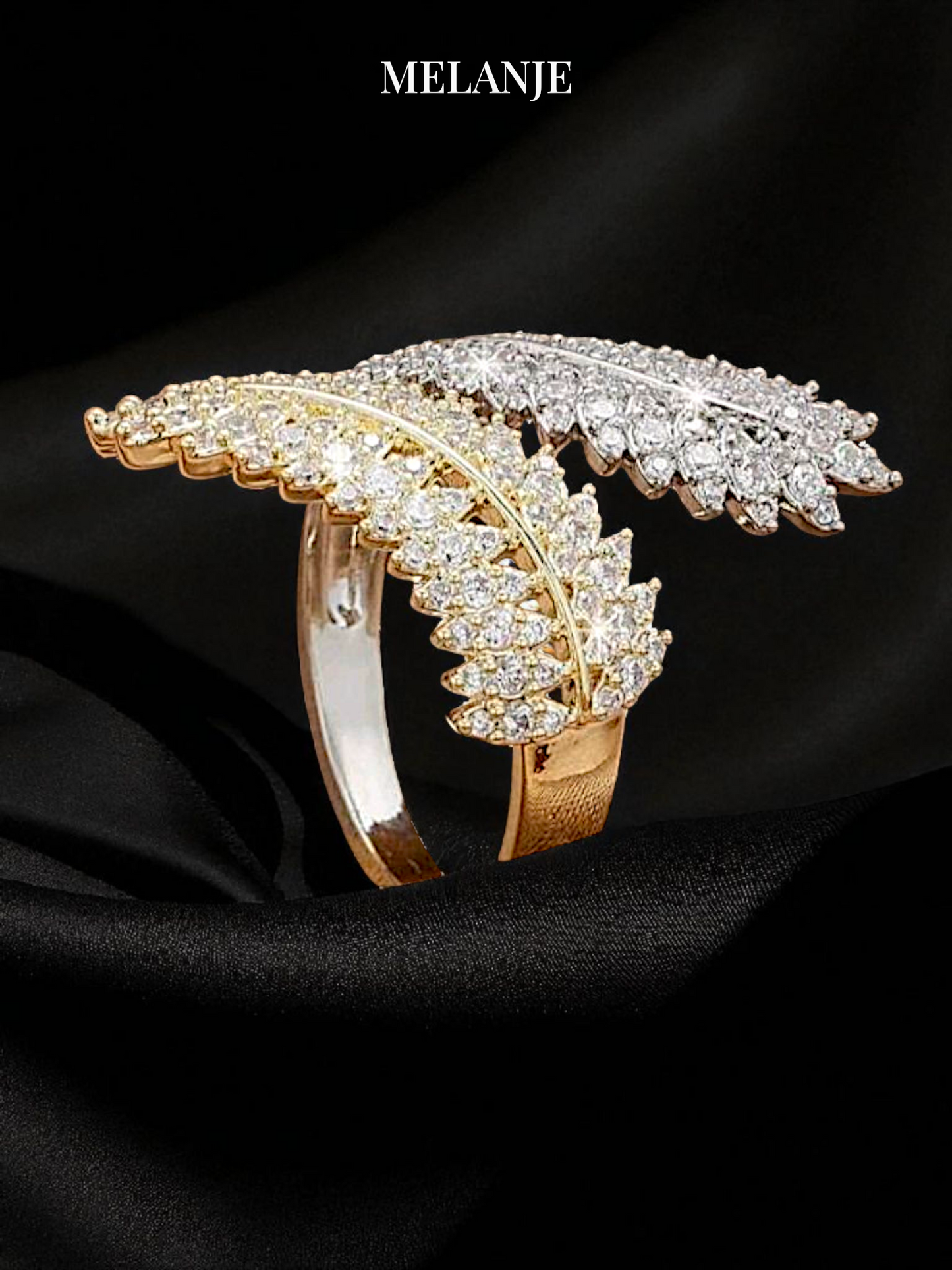 Bypass Leaf Design Cubic Zirconia Bi-Color Wedding Ring