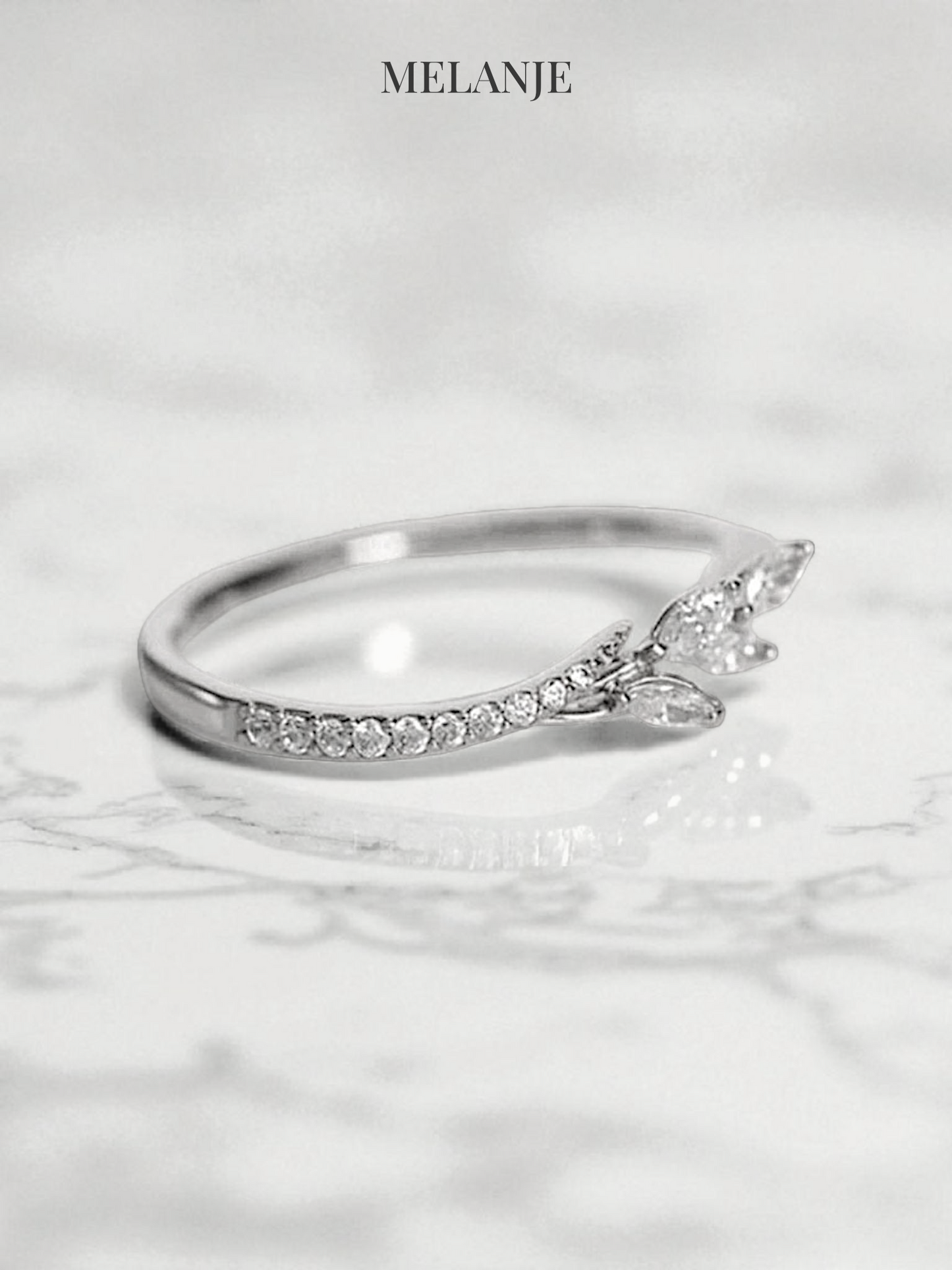 Dainty Leaf Design Cubic Zirconia Silver Ring