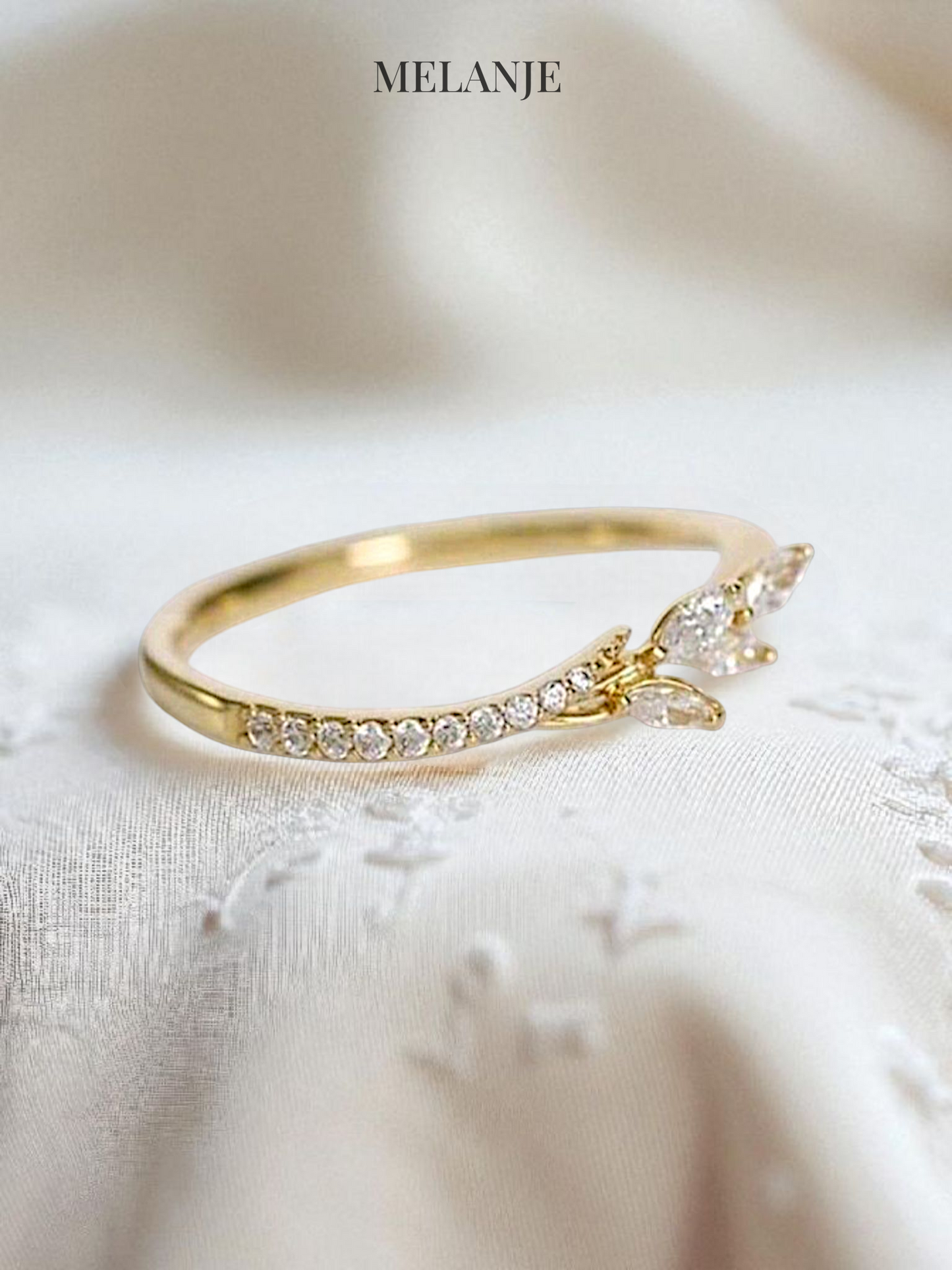 Dainty Leaf Design Cubic Zirconia Gold Ring