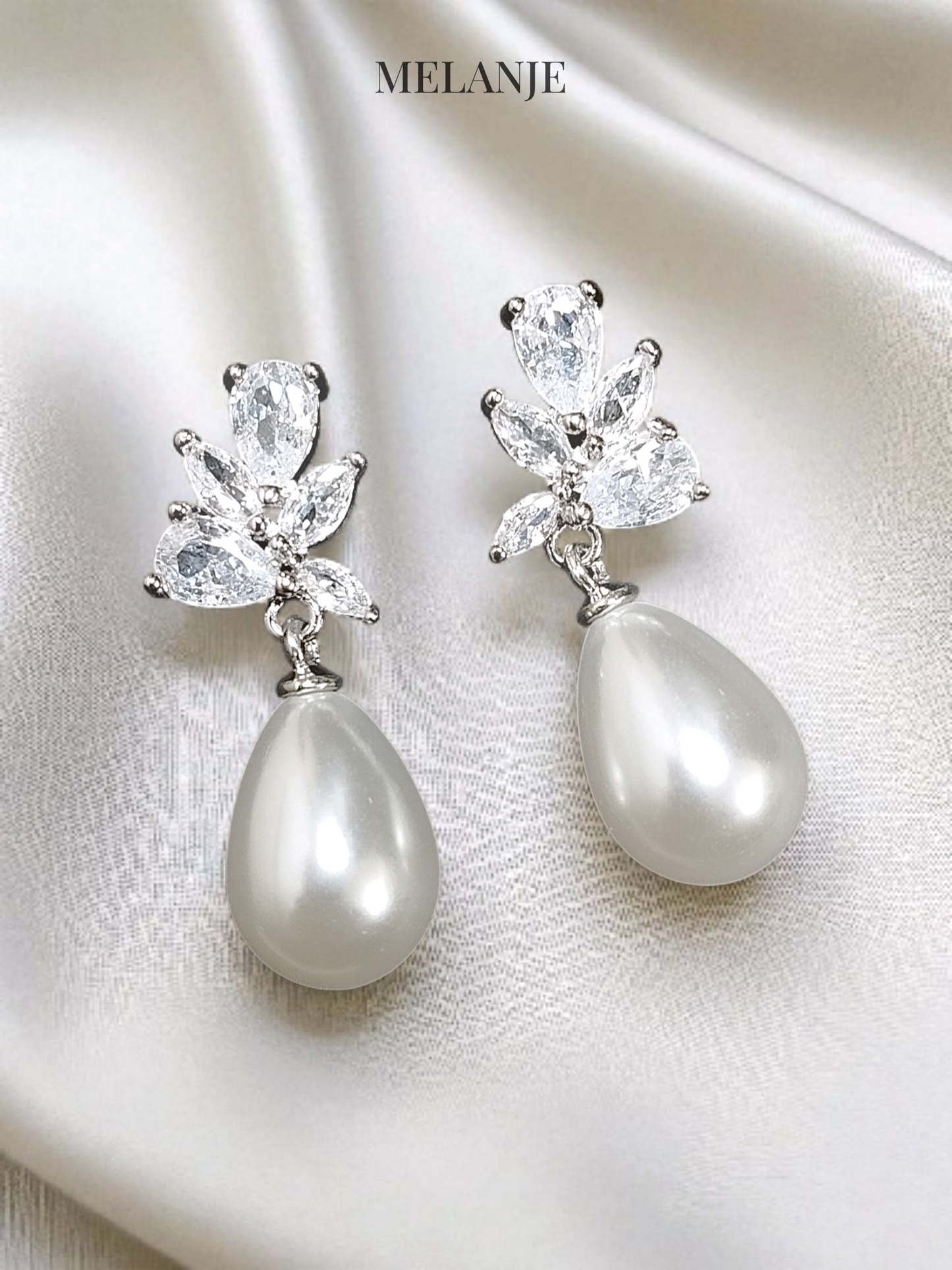 Floral Cubic Zirconia Drop Pearl Silver Earrings