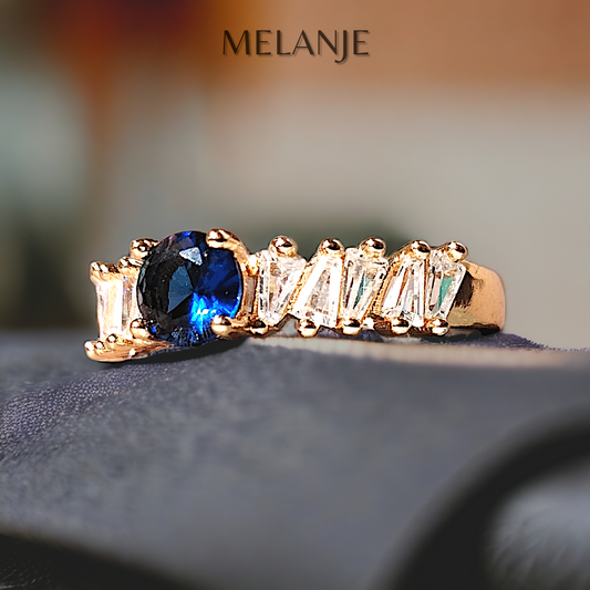 Sapphire Blue Solitaire Crystal White Cubic Zircon Zig Zag Pattern Adjustable Gold Ring