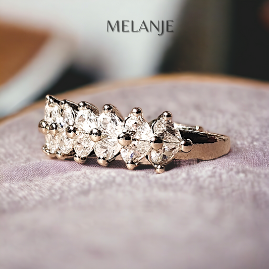 Heart-Cut Double Rows Design White Cubic Zircon Sterling Silver Adjustable Ring