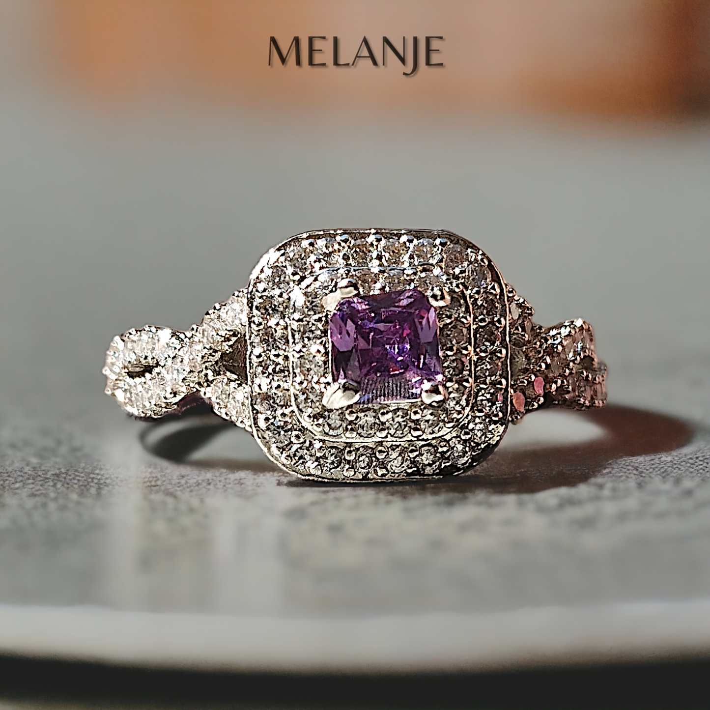 Soft Purple Solitaire Crystal Twisted-Cut White Cubic Zirconia Square Adjustable Ring