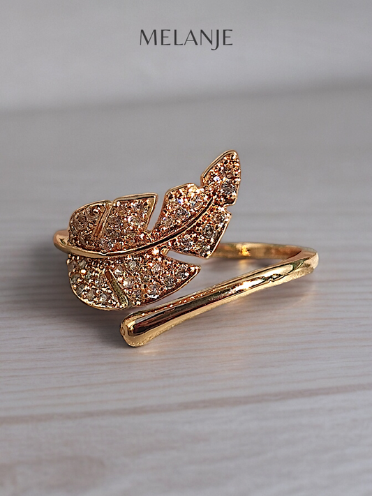 Gold Leaf Design Cubic Zirconia Ring- Adjustable & Waterproof!