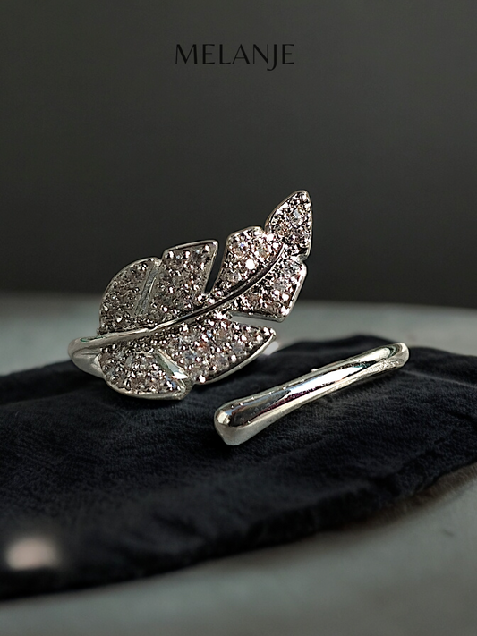 Sterling Silver Leaf Design Cubic Zirconia Ring- Adjustable & Waterproof!