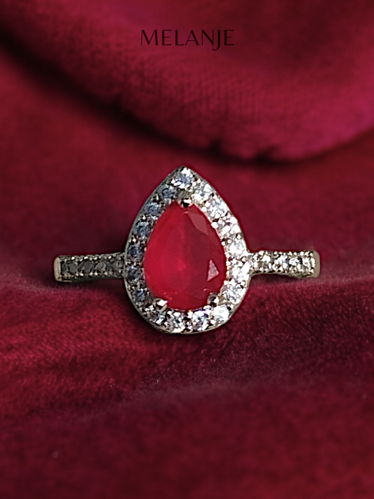 Ruby Red Crystal White Cubic Zircon Sterling Silver Pear-Shaped Adjustable Ring