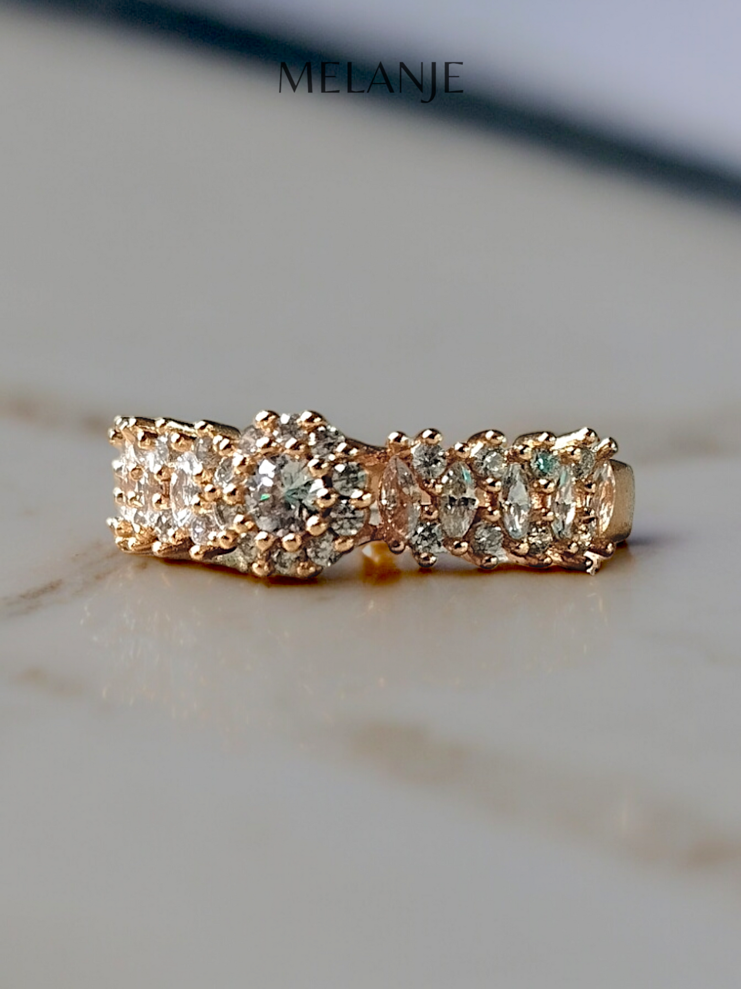 Gold Plated Marquise & Flower Cut White Cubic Zirconia Adjustable Luxury Ring