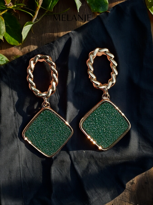 1K Gold Plated Twisted Cut Green Leather Dangling Earrings