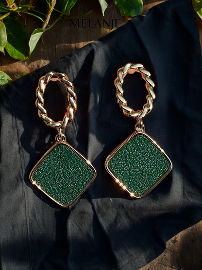 1K Gold Plated Twisted Cut Green Leather Dangling Earrings