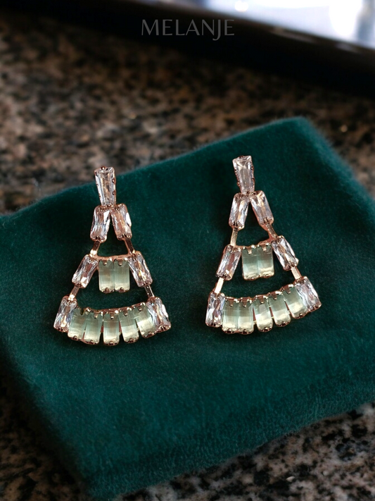 1K Gold Plated Mint Green & White Rectangular Cubic Zirconia Earrings