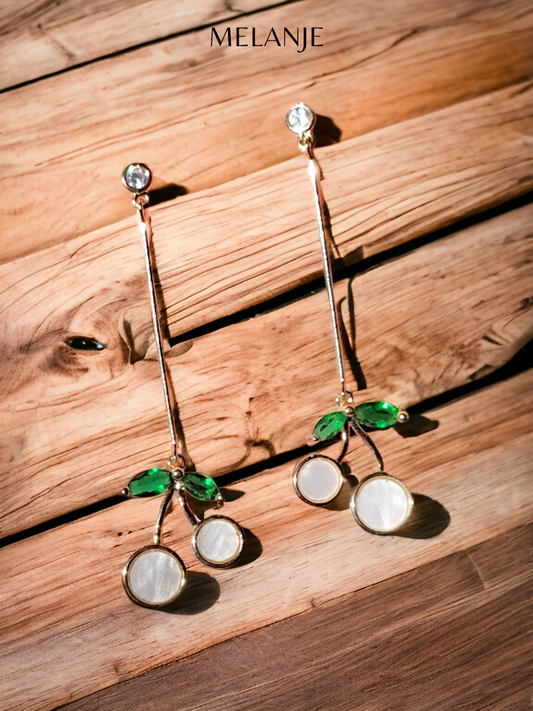 1K Gold Plated Green Crystal Leaves Dangling Cherry Earrings