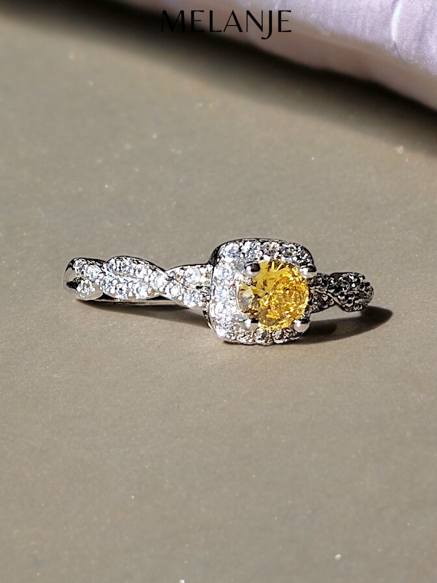 Bright Yellow Solitaire Crystal Sterling Silver Twisted Cut Cubic Zirconia Adjustable Ring
