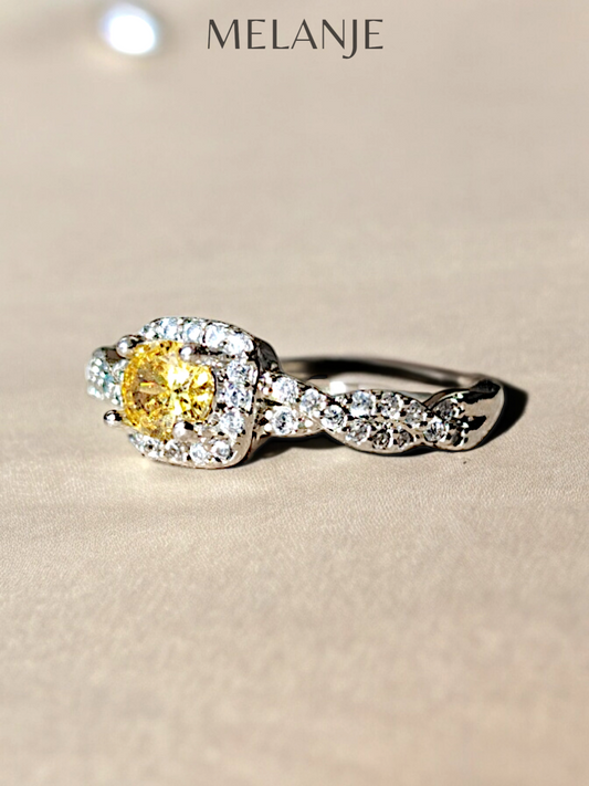 Bright Yellow Solitaire Crystal Sterling Silver Twisted Cut Cubic Zirconia Adjustable Ring