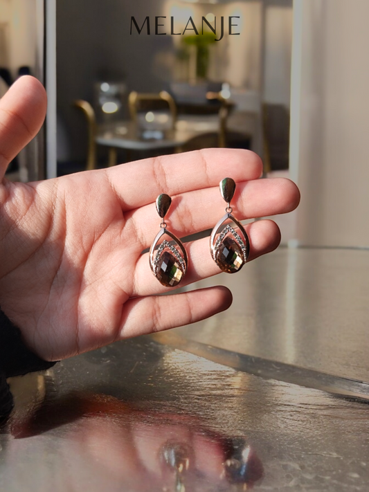 Pear Shaped Smokey Quartz Crystal Rose Gold Drop Earrings