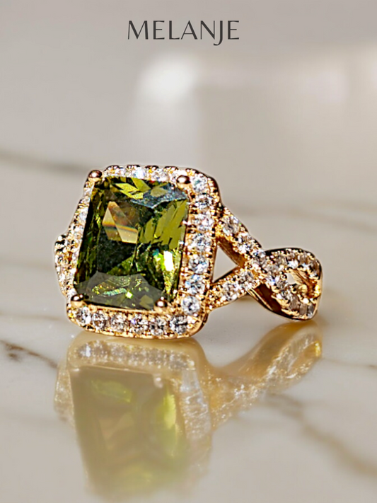 1K Gold Plated Olive Green Crystal Cubic Zirconia Twisted Cut Ring