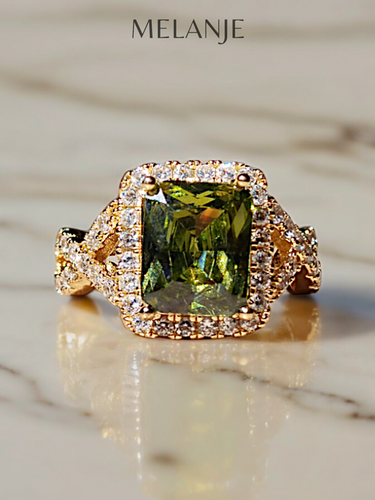 1K Gold Plated Olive Green Crystal Cubic Zirconia Twisted Cut Ring