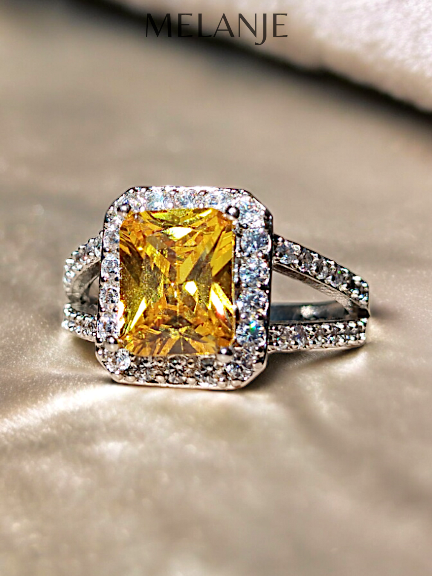 Bright Yellow Crystal Sterling Silver Cubic Zirconia Split Shank Ring