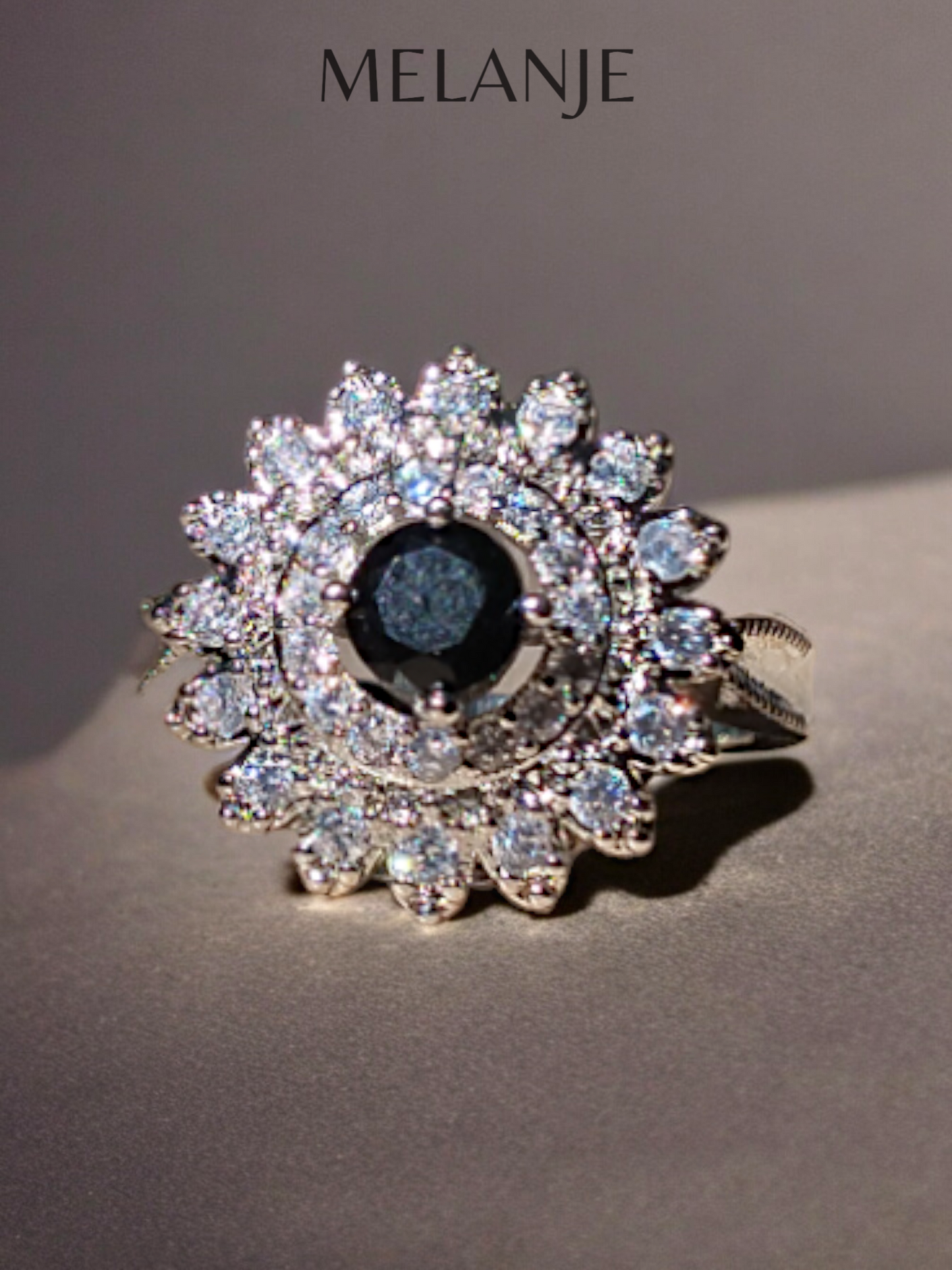 Sterling Silver Black Solitaire Crystal Cubic Zirconia Daisy Ring