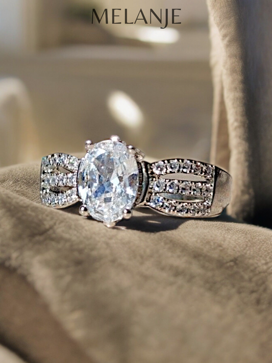 Sterling Silver Clear Oval Crystal Three Row Cubic Zirconia Luxury Ring
