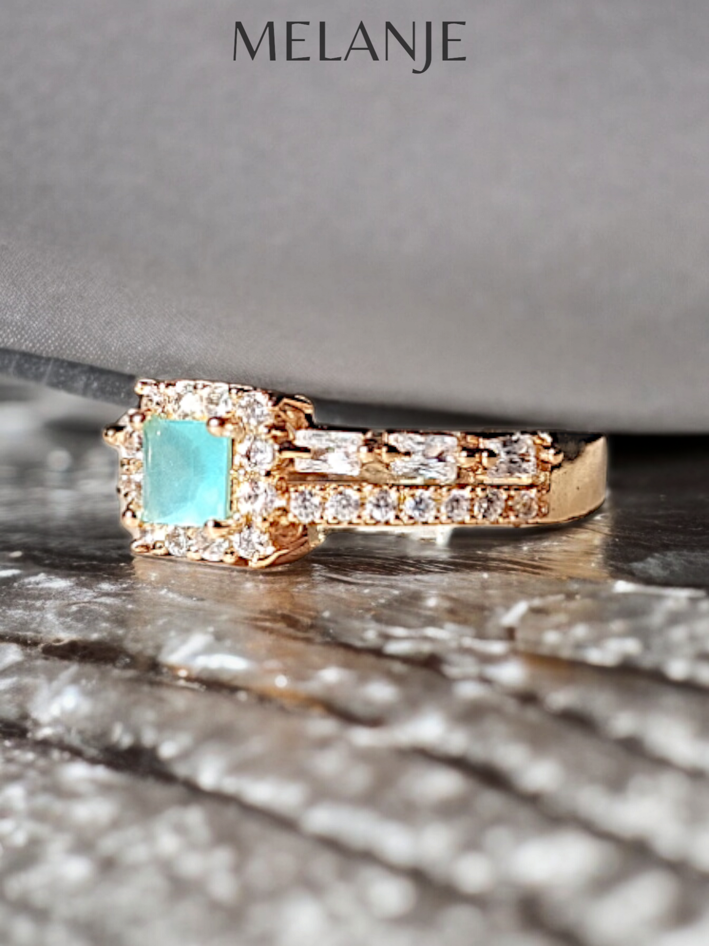 Light Turquoise Square Crystal Double Row Design Cubic Zirconia Adjustable Gold Ring