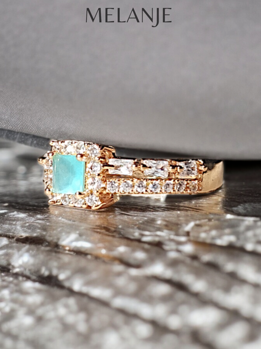 Light Turquoise Square Crystal Double Row Design Cubic Zirconia Adjustable Gold Ring