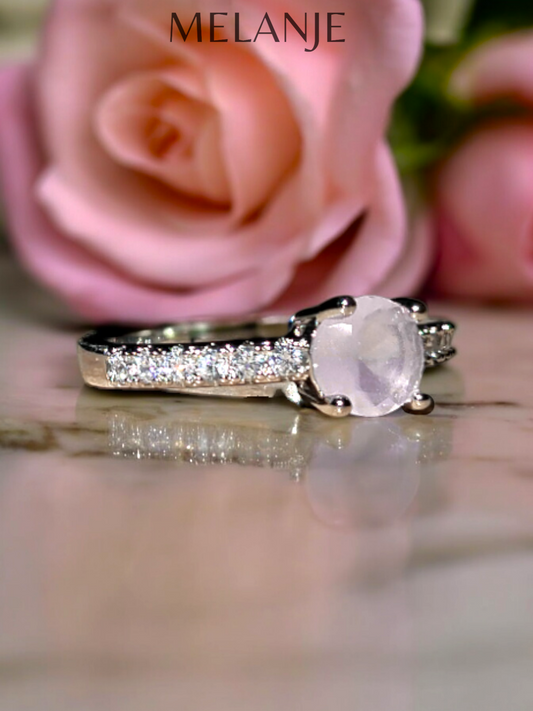 Baby Pink Round Solitaire Crystal White Cubic Zirconia Sterling Silver Adjustable Ring