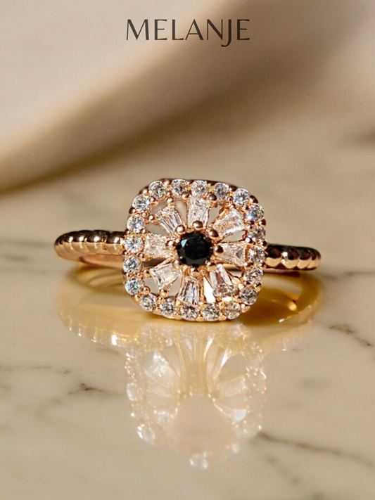 Square Cut Black Stone Cubic Zirconia Flower Gold Ring- Adjustable Fit