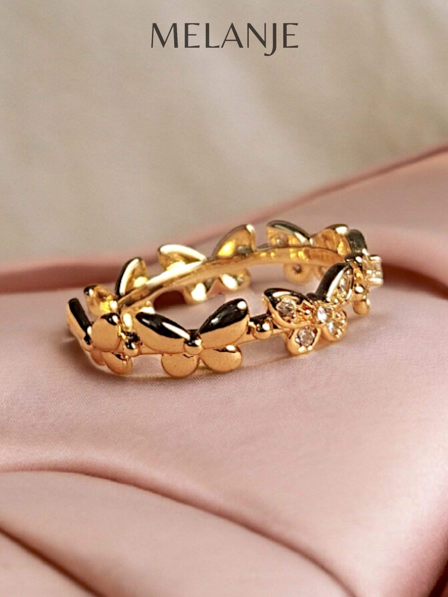 Gold Plated Cubic Zirconia Adjustable Butterfly Charm Ring