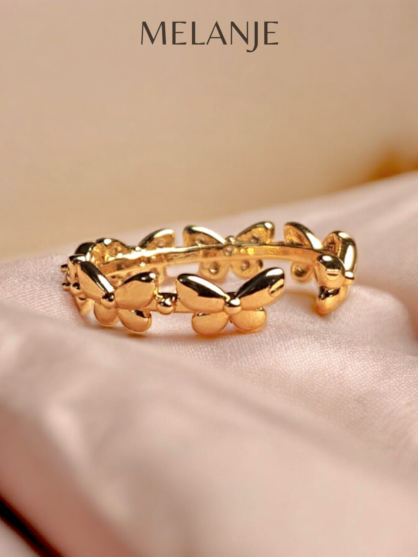 Gold Plated Cubic Zirconia Adjustable Butterfly Charm Ring