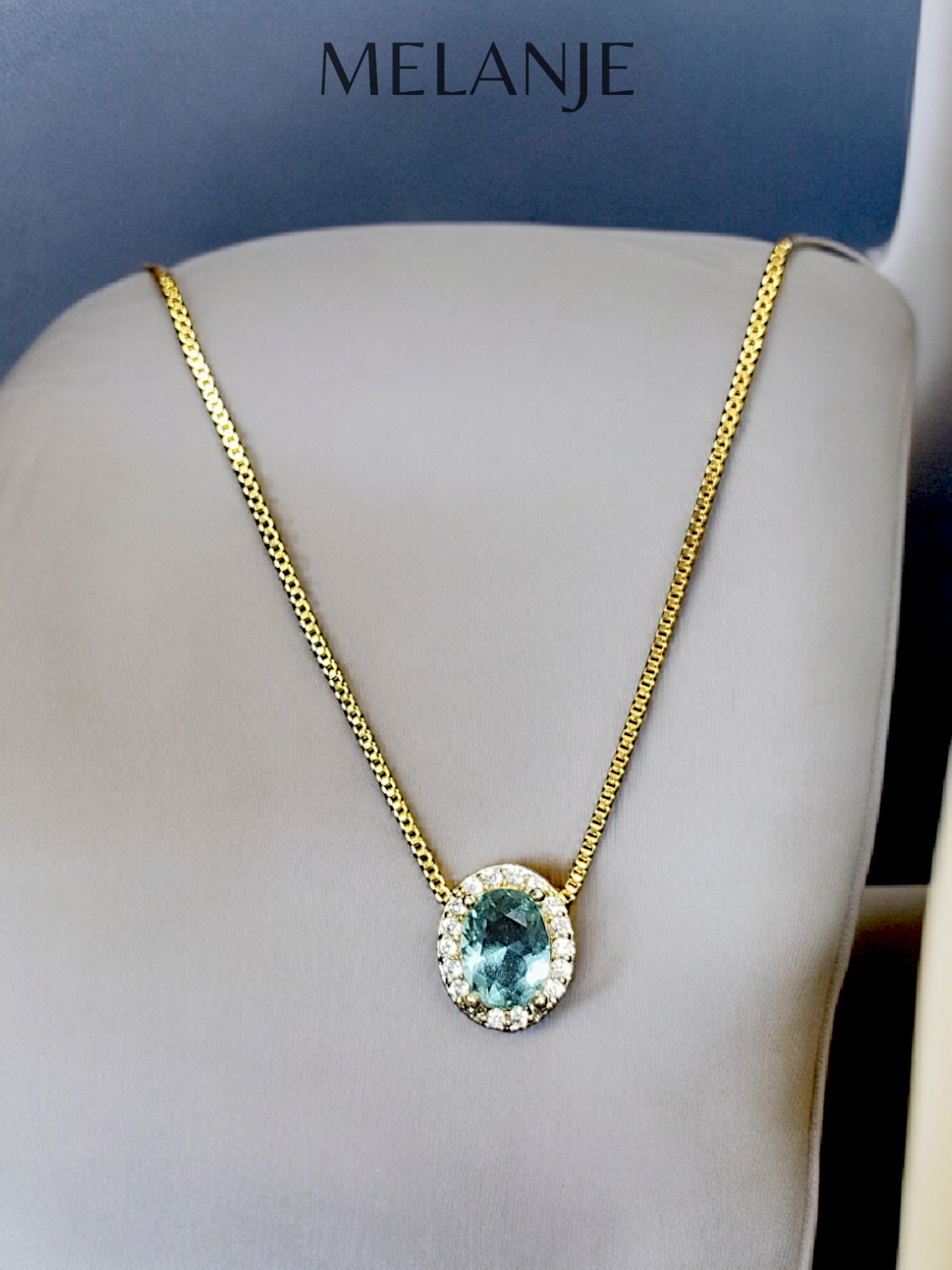 Light Blue Crystal White Cubic Zirconia Sterling Silver Gold Plated Oval Pendant Necklace