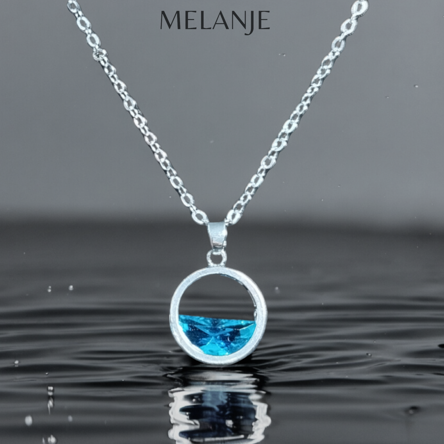 Sterling Silver Light Blue Semi-Circle Crystal Stainless Steel Wave Pendant Necklace