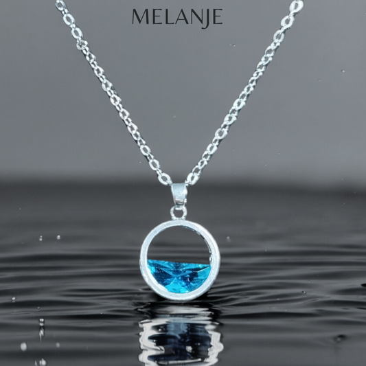Sterling Silver Light Blue Semi-Circle Crystal Stainless Steel Wave Pendant Necklace
