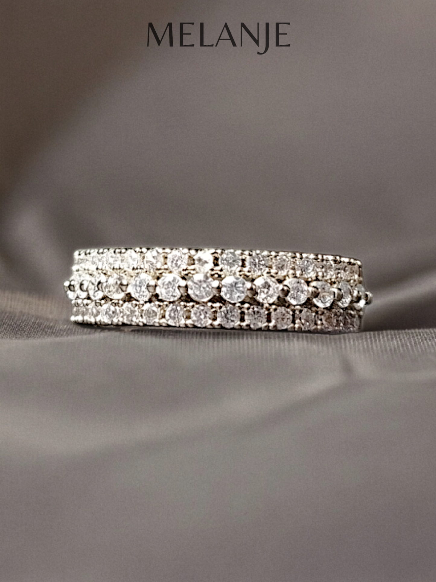 Sterling Silver Three Row Design Cubic Zirconia Luxury Adjustable Ring