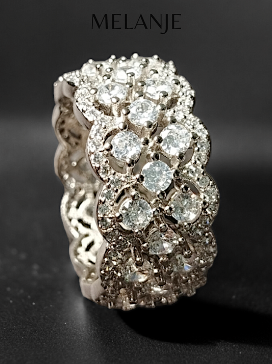 Premium Sterling Silver Clear Cubic Zirconia Cluster Band Luxury Ring