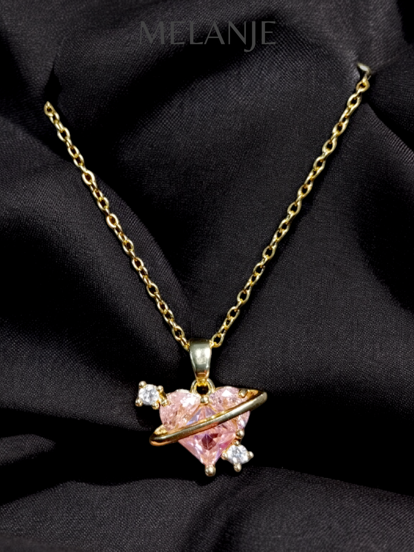 Pink Heart Shaped Zircon Sterling Silver Celestial Gold Pendant Necklace