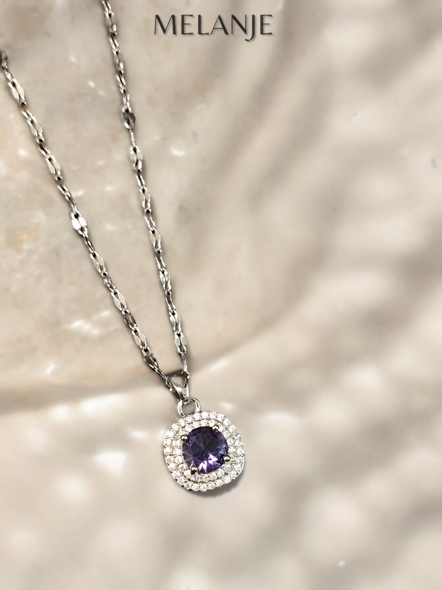 Amethyst Round Crystal Sterling Silver Clear Cubic Zirconia Halo Pendant Necklace