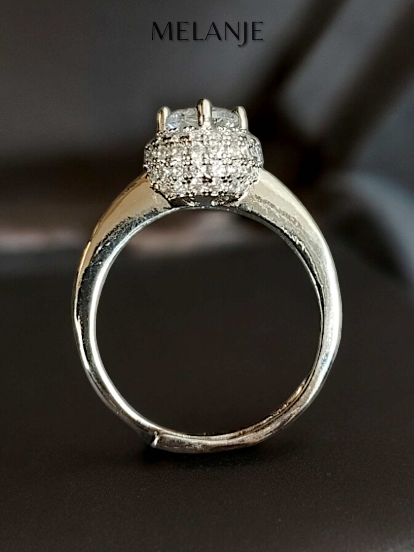 Round Clear Solitaire Crystal Stacked Cubic Zirconia Sterling Silver Halo Adjustable Engagement Ring
