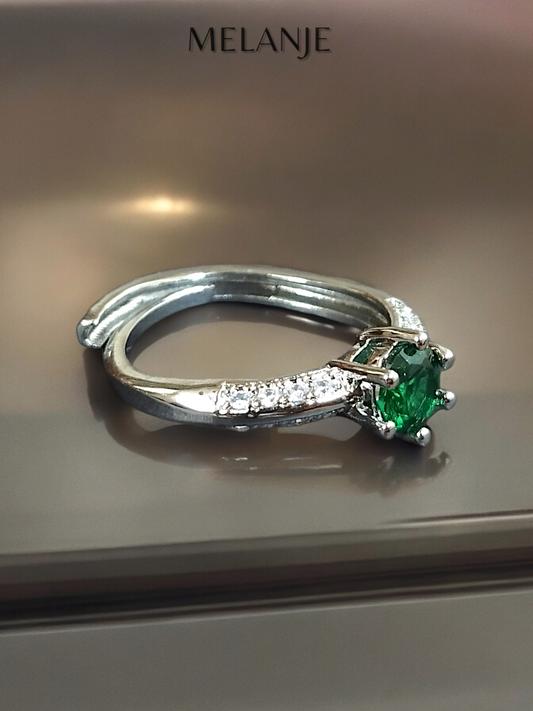 Emerald Round Solitaire Crystal Double Row Cubic Zirconia Design Sterling Silver Adjustable Promise Ring